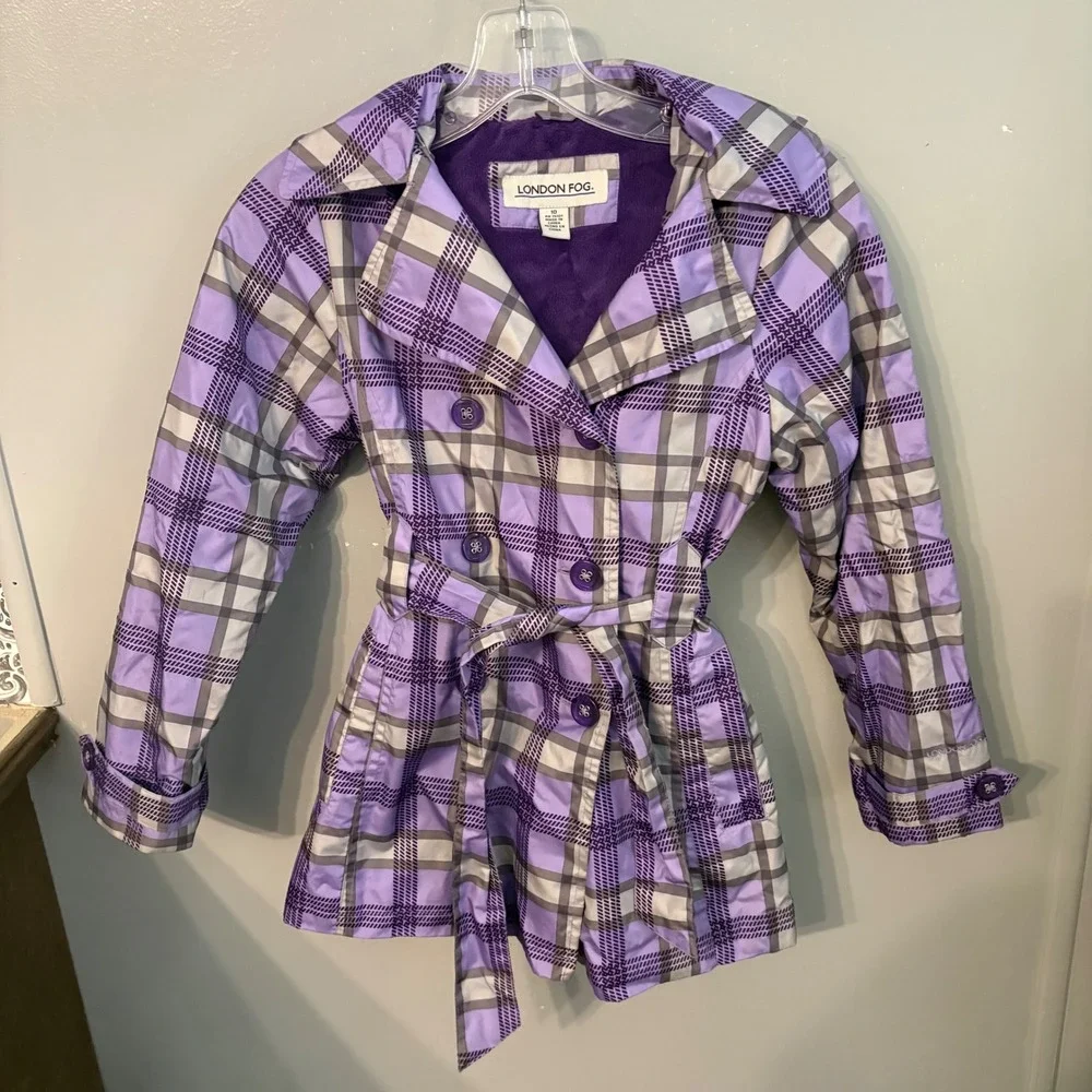 London Fog Kids Purple Grey Plaid Trench‎ Coat Jacket Hooded Belted (Girls 10)